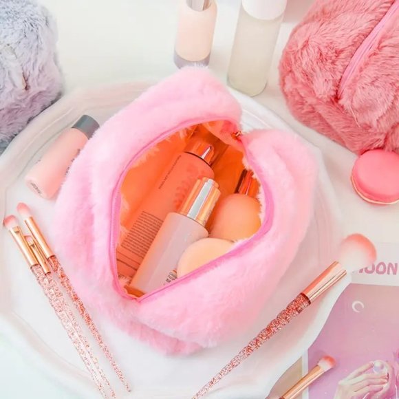 Fuzzy Cosmetic Bag Makeup Travel Organize Clutch Toiletry Pink or White Weekend - Picture 6 of 9